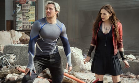 Aaron Taylor-Johnson as Quicksilver and Elizabeth Olsen as Scarlet Witch in Avengers: Age of Ultron.