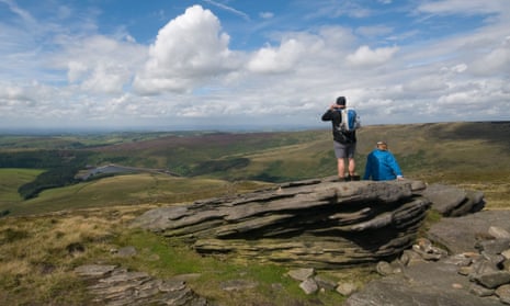 Looking towards Kinder Reservoir from the Pennine Way at Kinder Scout in the Peak District.