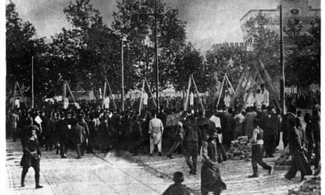Armenian Genocide: Armenians hanged from tripods in 1915.