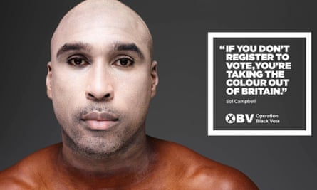 Campbell with his face powdered to “whiten up” for the Operation Black Vote campaign.