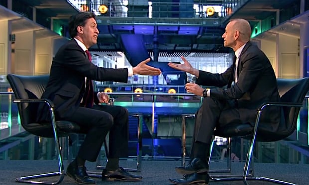 Ed Miliband being interviewed by Evan Davis on Newsnight.