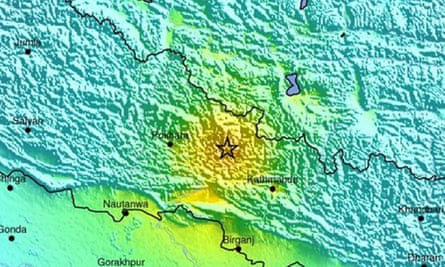 A map released by the US Geological Survey showing the location of the 7.9-magnitude earthquake.