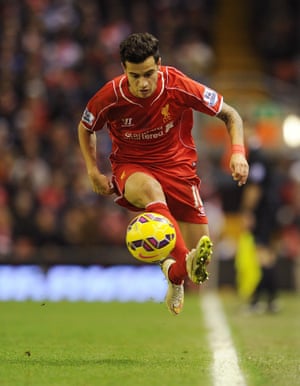 Front right - Philippe Coutinho. While Liverpool will end up empty-handed again there have been moments to savour and Coutinho has been at the heart of most of them, as reflected in his nomination for the PFA award. With Raheem Sterling too often subdued and Daniel Sturridge too often injured, Coutinho remains the prime hope of post-Suárez magic at Anfield, even if he badly needs a reliable finisher to keep supplied.