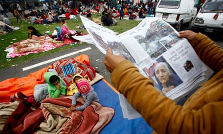 People take shelter at an open space in Kathmandu after the earthquake.