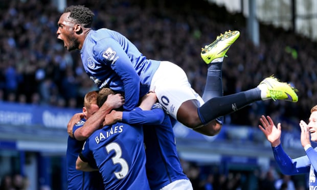 Everton celebrates John Stones goal.