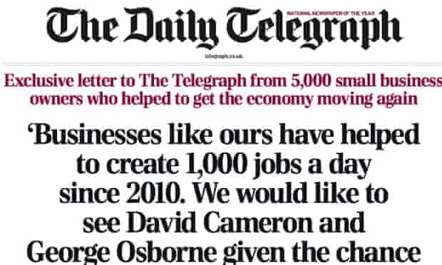 The Daily Telegraph: letter signed by 5,000 small businesses