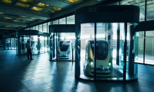 Personal Rapid Transport cars on display at the Institute of Science and Technology in Masdar City, Abu Dhabi.