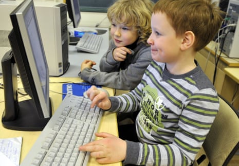 Two pupils at a computer at an elementary school in Helsinki, Finland