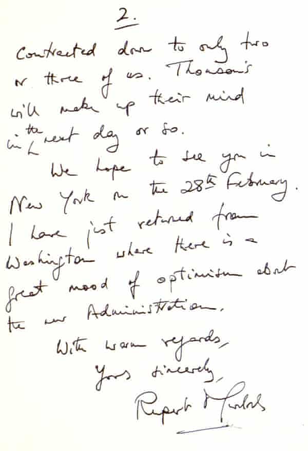 Rupert Murdoch's thank you letter to Margaret Thatcher.