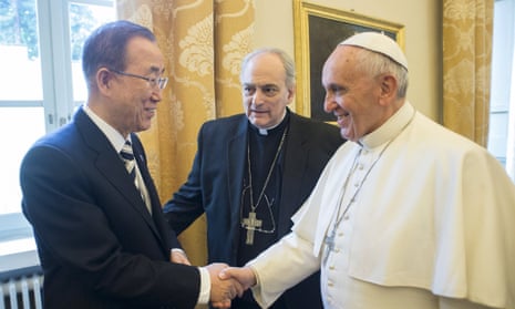 Pope Francis shakes hands with the UN secretary general, Ban Ki-moon, during a meeting at the Vatican.