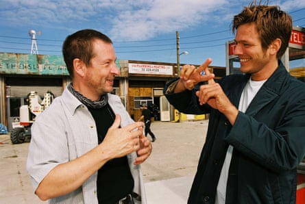 Lars von Trier (left) and Thomas Vinterberg on the set of Dear Wendy in 2005.