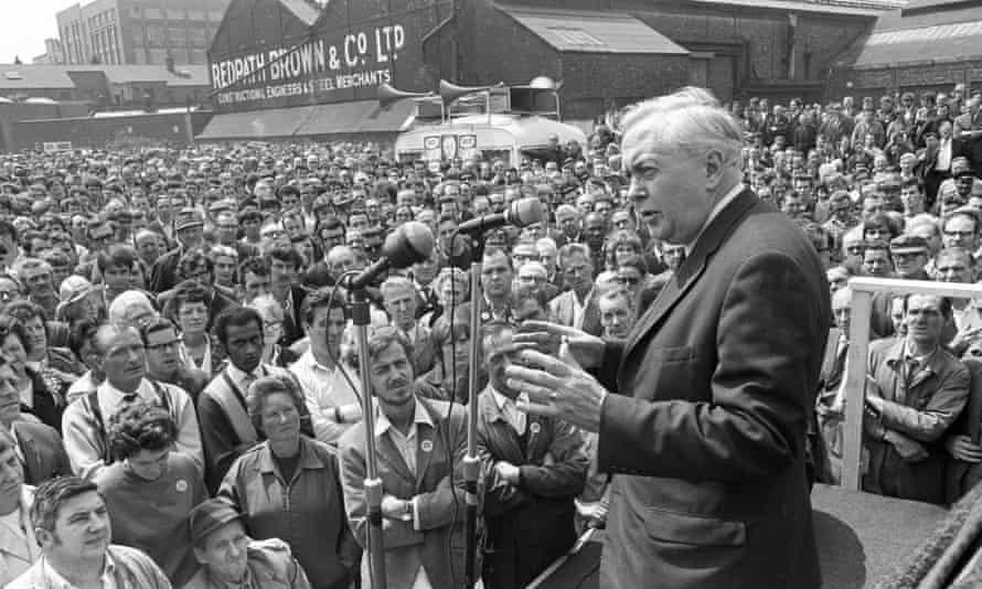 Prime Minister Harold Wilson addresses a crowd of workers during their lunch break at Trafford Park in Manchester.