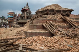 Remains of the temples in Patan Durbar Square reduced to rubble by the earthquake