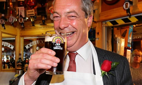 Ukip leader Nigel Farage enjoys 568ml of beer behind the bar of the Northwood Club in Ramsgate, Kent