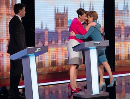 Nicola Sturgeon embracing Plaid Cymru’s Leanne Wood and the Green party’s Natalie Bennett, watched by Ed Miliband, at the BBC challengers election debate