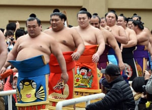 Tokyo, Japan Sumo wrestlers in the Honozumo, a ceremonial sumo exhibition at the Yasukuni shrine in Tokyo