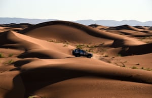 A race organiser crosses Morroco's western Sahara desert between Foum Zguid and Mhamid El Ghizlane.
