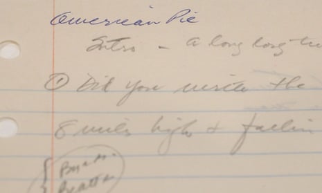 Don McLean's original handwritten lyrics for 'American Pie' were sold on Tuesday.