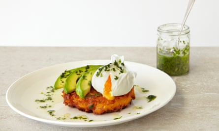 Thomasina Miers' sweet potato fritters with poached egg and parsley oil: 'A delight.'