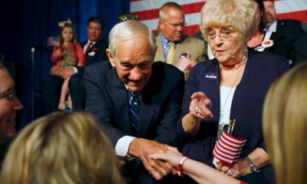 Ron Paul and his wife Carol, parents of Rand Paul, greet supporters before Rand Paul announced his candidacy for president.