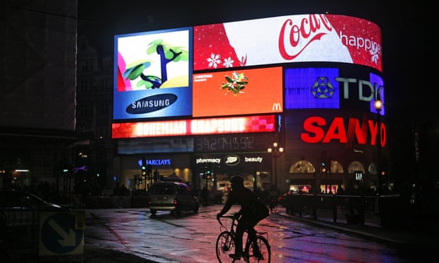 The brightly lit adverts at Piccadilly Circus.