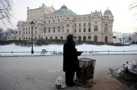 A welcome spot of warmth in Kraków's city centre as a brazier of coal burns for public use.