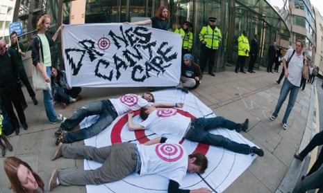 A protest takes place outside the London offices of General Atomics against drones and killer robots.