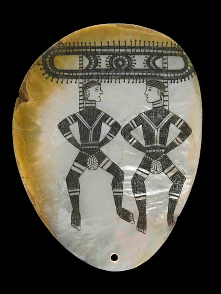 Pearl-shell pendant with dancing figures, pre-1926.