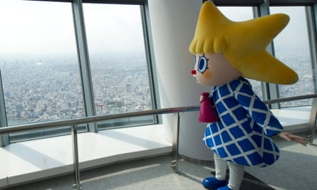 Sorakara, the Tokyo Sky Tree mascot, poses at the observatory of the 634m-high telecommunications tower.