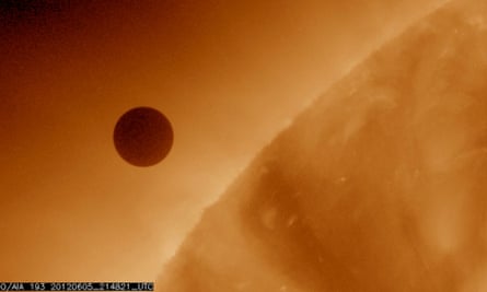 Venus is much hotter than Earth because it is closer to the sun. The planet is pictured here at the start of a transit of the sun in June 2012.