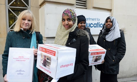 Fahma Mohamed and fellow campaigners deliver almost 250,000 signatures to the Department of Education in their campaign against FGM