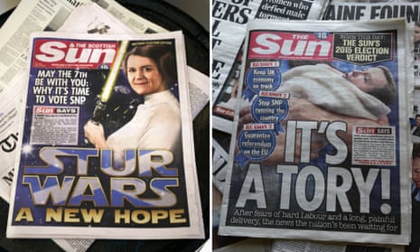 A Scottish edition of The Sun endorsing SNP leader Nicola Sturgeon, and an edition of the Sun on the same day endorsing the Conservatives.