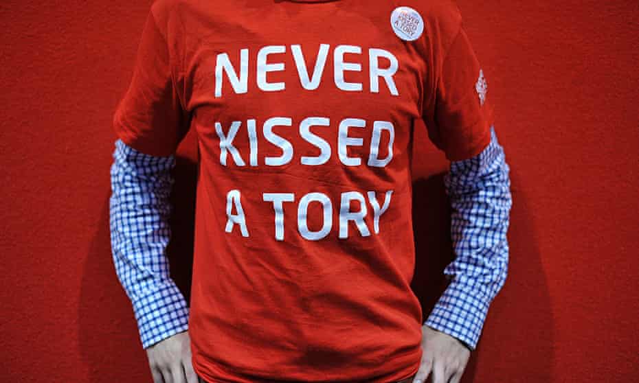 A Labour supporter wearing a 'never kissed a Tory' t-shirt 