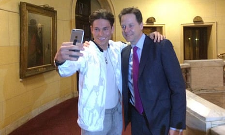 Former Liberal Democrat leader Nick Clegg meeting Joey Essex from ITV's The Only Way Is Essex.