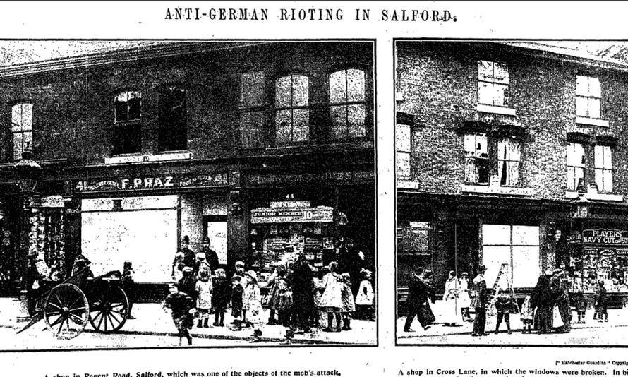 Anti-German rioting in Salford, Manchester Guardian 13 May 1915.
