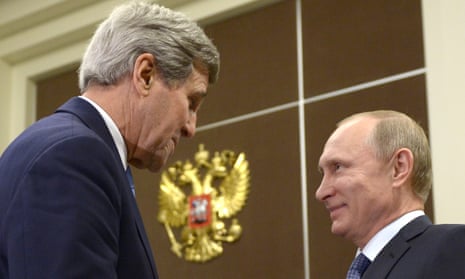 John Kerry and Vladimir Putin shake hands.
