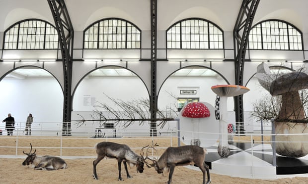 Two reindeer lock horns at Berlin’s Hamburger Bahnhof museum.