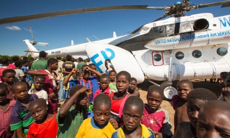 A Russian Mi8 helicopter being used by the United Nations, World Food Program to deliver food aid to areas still cut off by the flooding, in Malawi