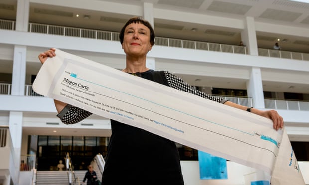 Cornelia Parker with a fragment of Magna Carta (An Embroidery).