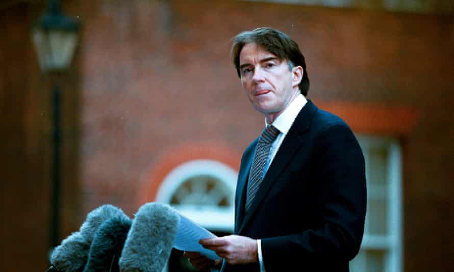 Peter Mandelson announcing one of his resignations, in 2001.