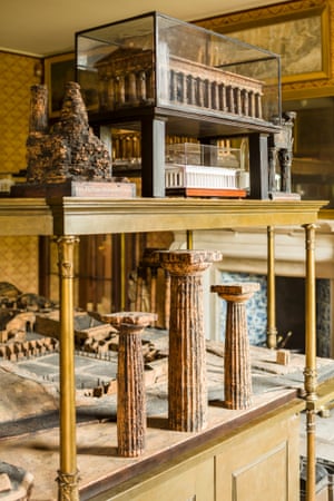 The south side of the Model Stand. The centrepiece of the stand is the model of the ruins of Pompeii which can be seen in the background. In the foreground is model showing the relative proportions of the columns of the great temples at Paestum.
