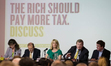Guardian Live/Discuss debate the future of taxation at Manchester Central Library 13 May 2015. Panel l-r Lydia Ebdon, Mike Emmerich, Penny Haslam, Stephen Herring and John Ashcroft