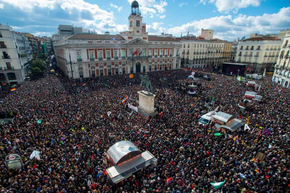 Podemos supporters gather at Puerta del Sol square on January 31, 2015 in Madrid