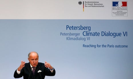 French foreign minister Laurent Fabius makes a speech during the Petersberg Climate Dialogue in Berlin, Germany, 18 May 2015.