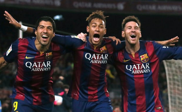 Barcelona's Luis Suárez, Neymar and Lionel Messi celebrate a goal in the 3-1 win over Atlético Madrid on 11 January.