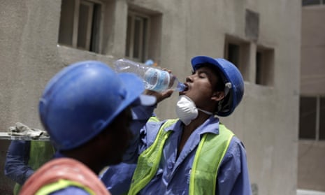 Nischal Tamang, a Nepalese labourer, takes a break from work in Doha, the Qatari capital. Tamang lives in housing listed by inspectors for substandard conditions.