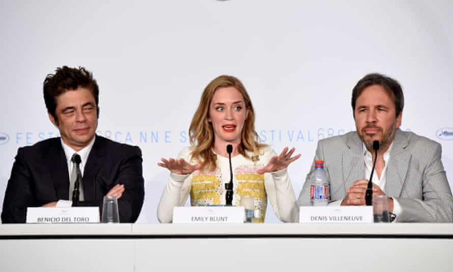 Benicio Del Toro, Emily Blunt, and director Denis Villeneuve at the press conference for Sicario.