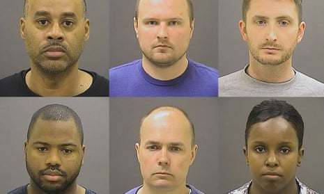 The six police officers charged over Freddie Gray's death (top row from left: Caesar Goodson, Garrett Miller and Edward Nero, and bottom row from left: William Porter, Brian Rice and Alicia White).