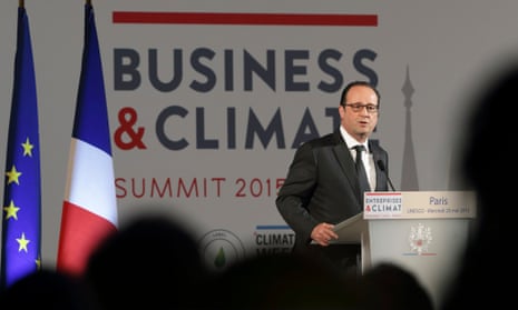 French President Francois Hollande delivers a speech during the "Business and Climate Summit 2015" at  UNESCO headquarters in Paris, France, May 20, 2015.