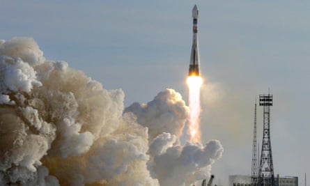 A Russian Soyuz rocket takes off at the Baikonur Cosmodrome in Kazakhstan.